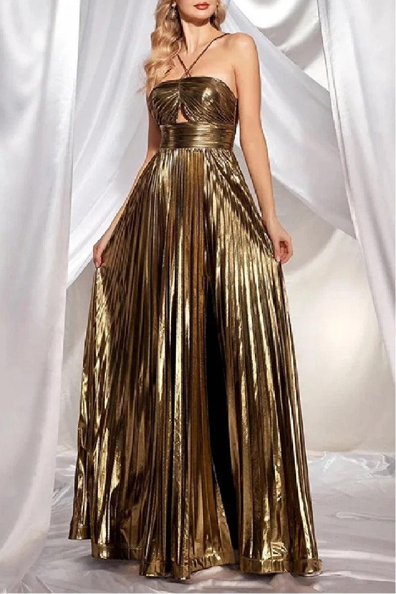 A-Line Floor Length Bronzing Fabric Wedding Guest Dress 860524354429 - 10 Days / Gold / S - COCOMELODY